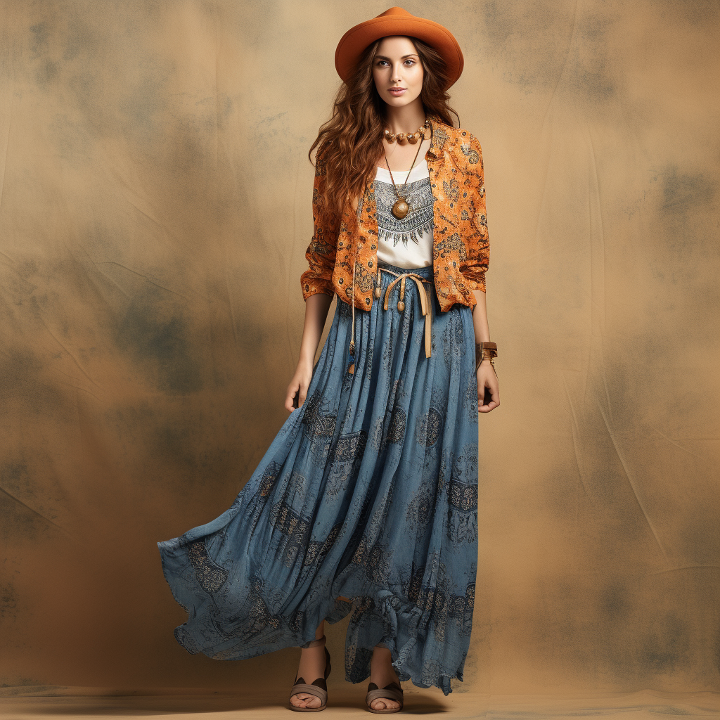 Bohemian-inspired flowy maxi dress with denim jacket