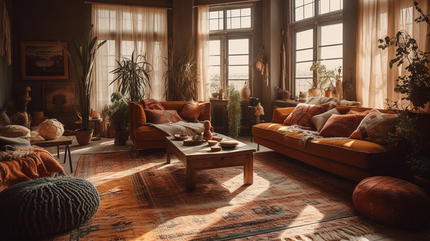 Bohemian living room with textured rug and plants