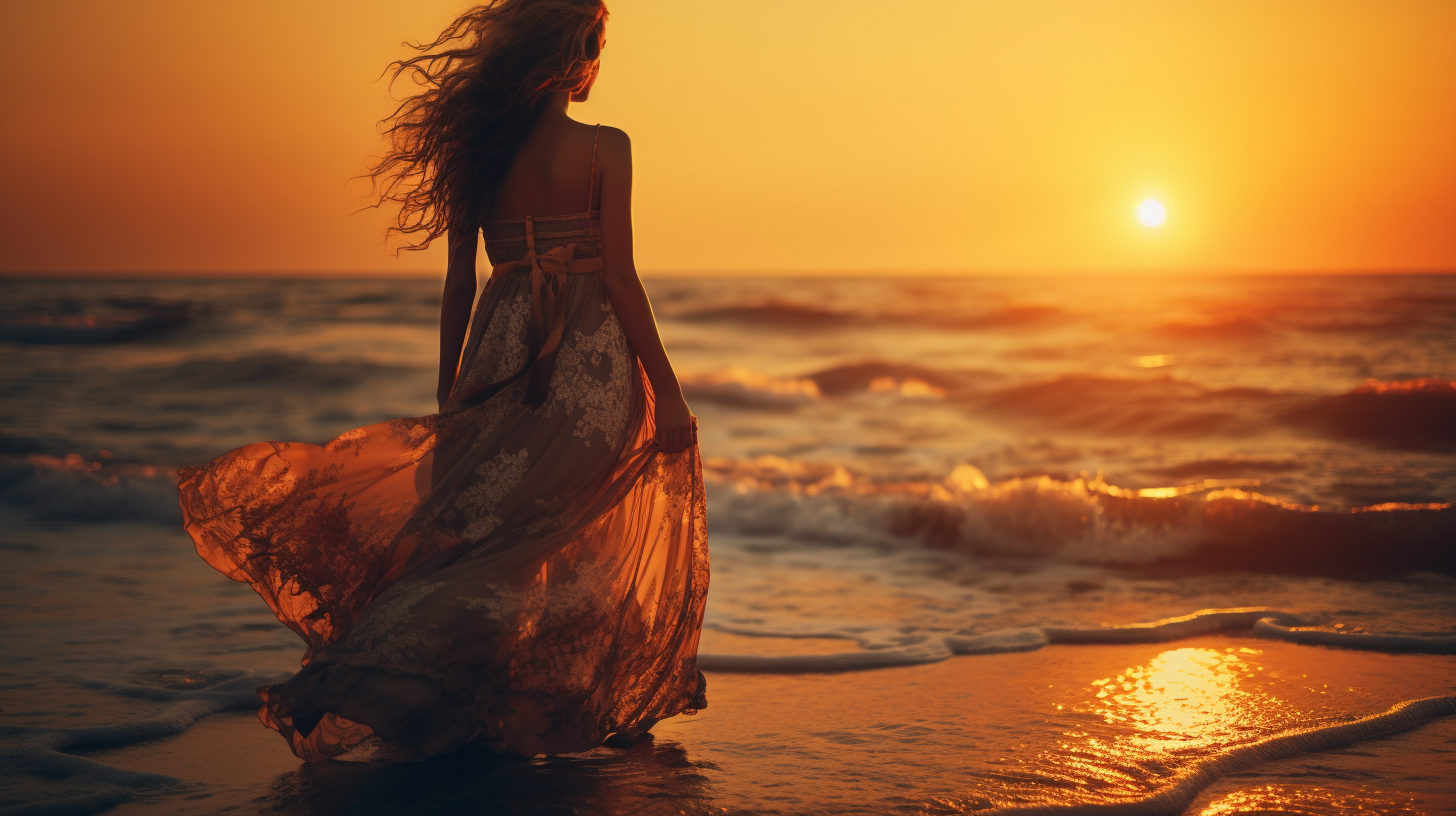 Boho dress on sunset beach by the sea