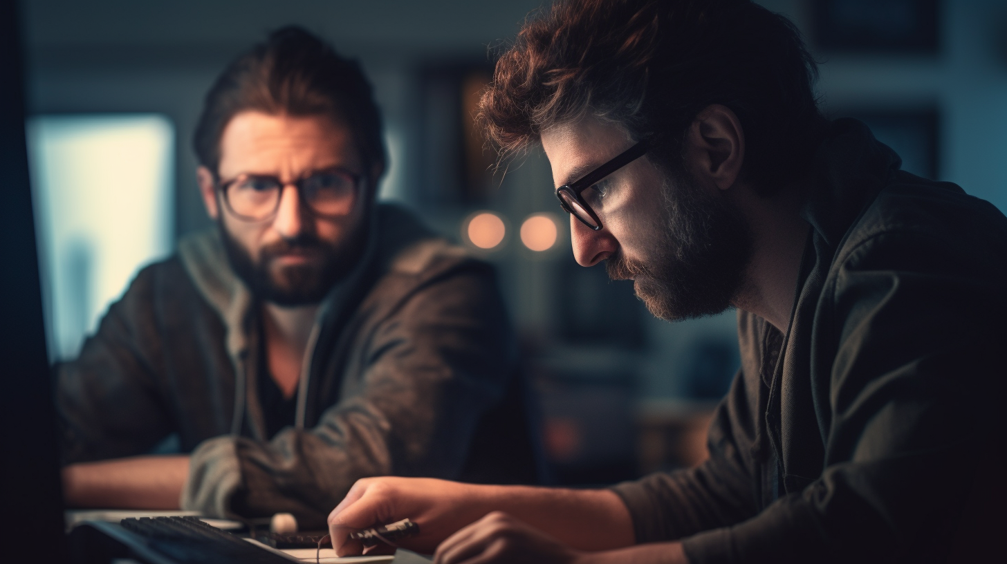 Two Guys Working at Computer with Bokeh Effect