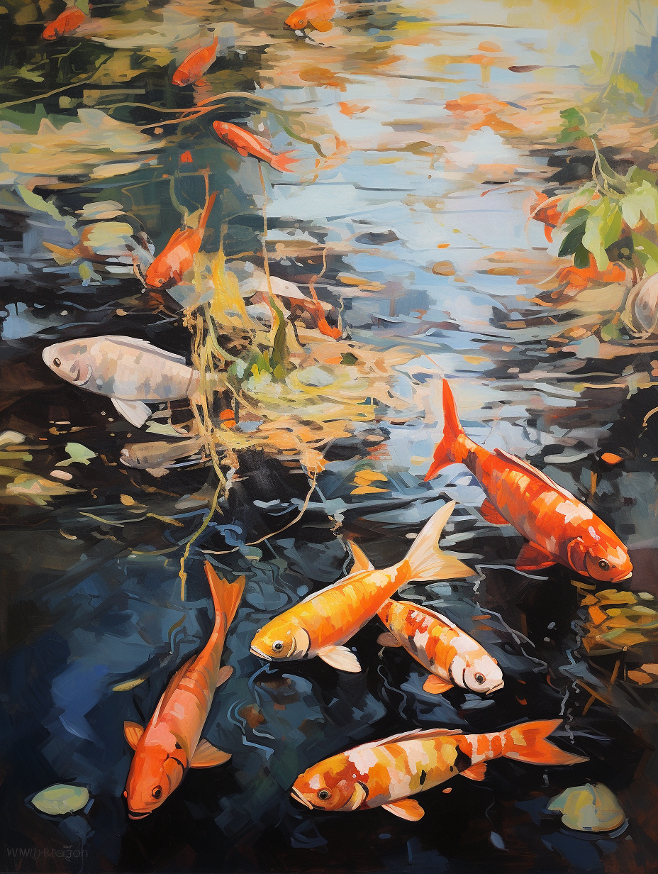 Vibrant bold acrylic river painting with floating fishes