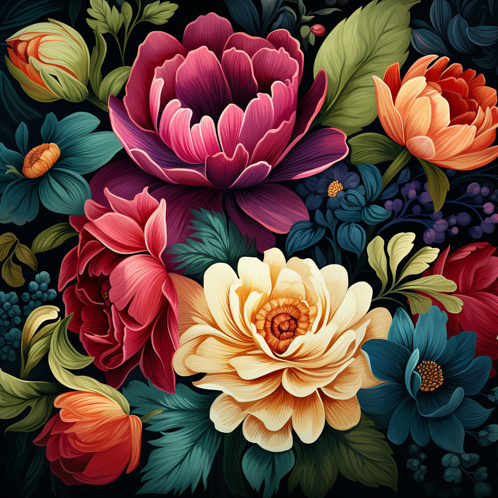 Bold colored flowers on dark background