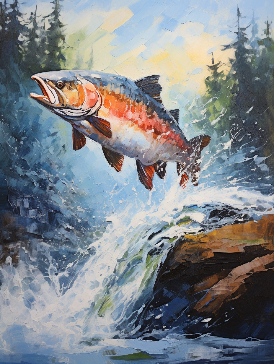 Fish jumping above river in bold acrylic painting