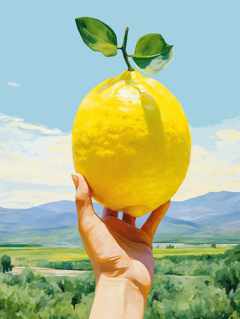 Colorful painting of a lemon in hand