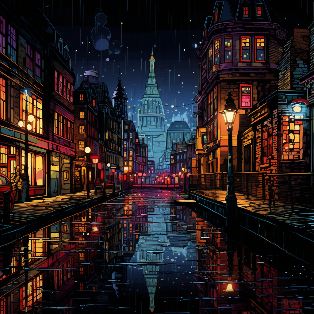 A breathtaking night cityscape illustration in bold lines