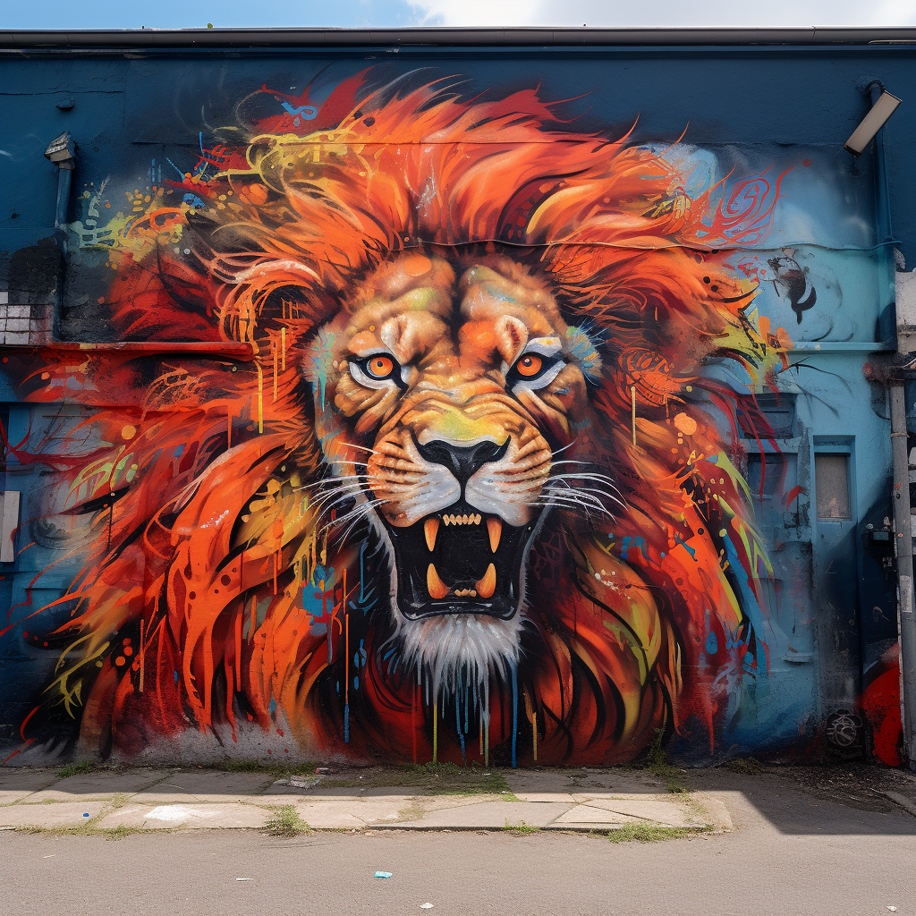 Colorful lion graffiti on city wall