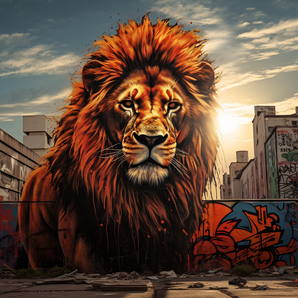 Bold lion graffiti in distant city