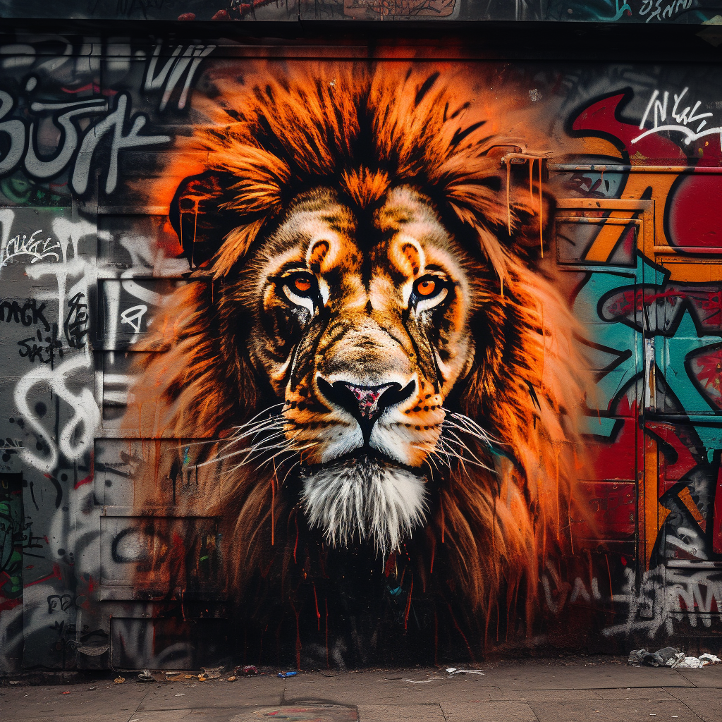 Detailed lion graffiti on city wall