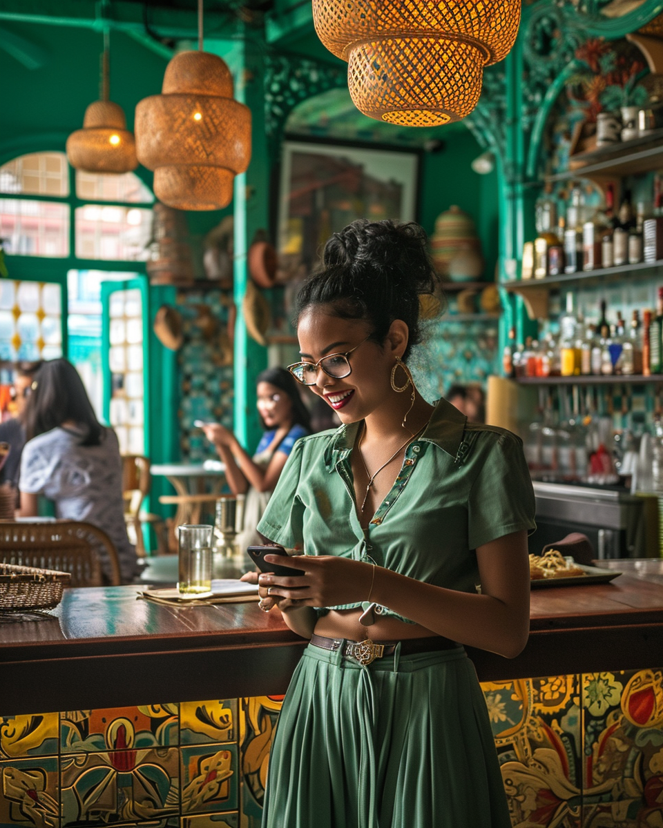 Smiling restaurant owner looking at her phone