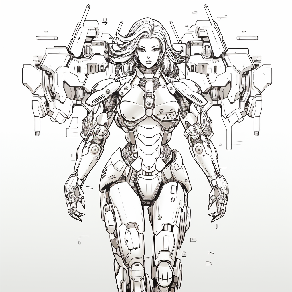 Full body pin-up of white background war mecha robot lady