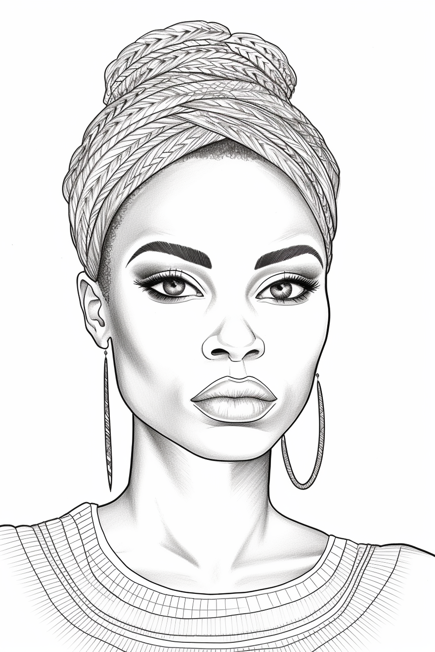 Coloring page of a bold black woman with braids