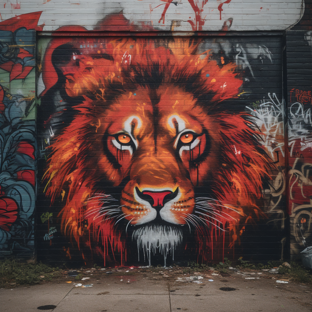 Vibrant lion graffiti in a dirty city