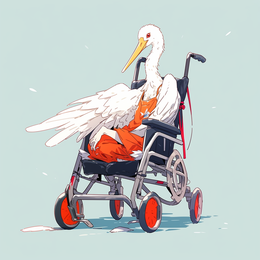 Colorful line art of a stork in a wheelchair