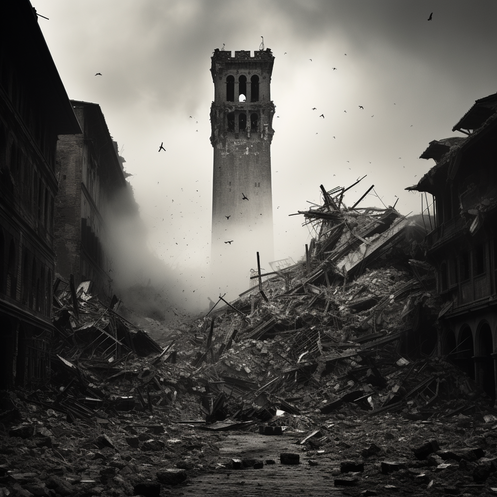 Black and white photo of collapsing city towers