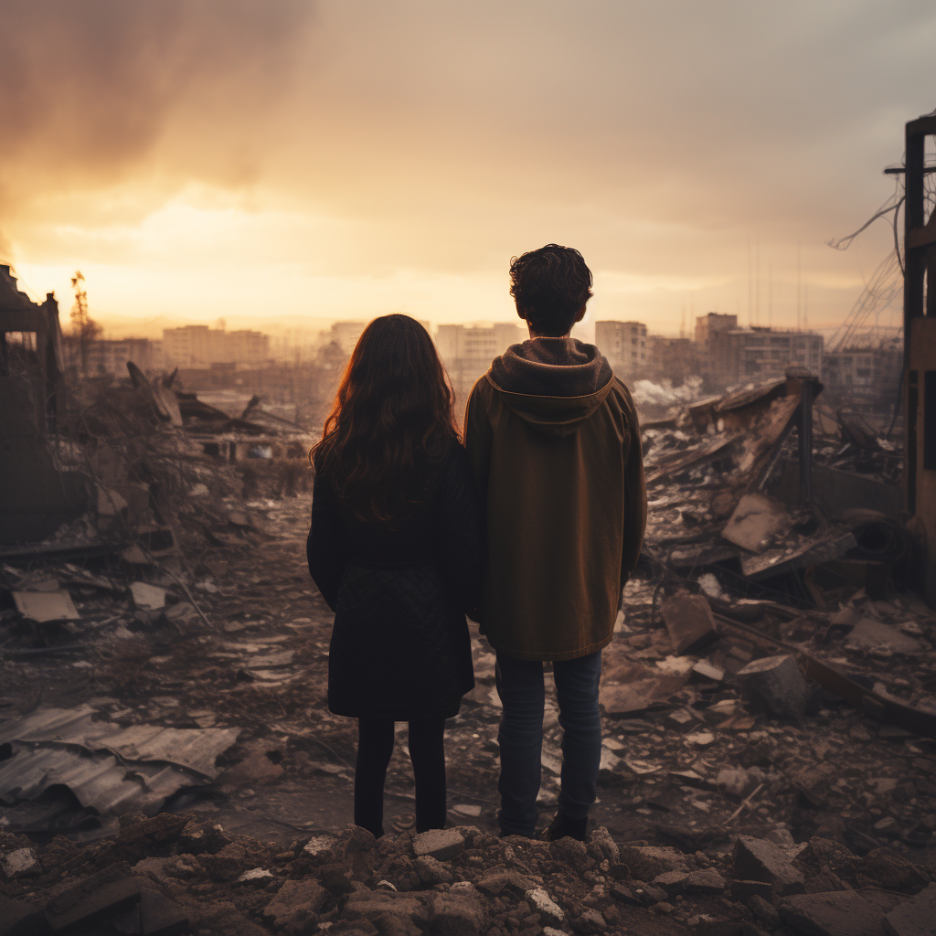 Teenage boy and sister in bombed city