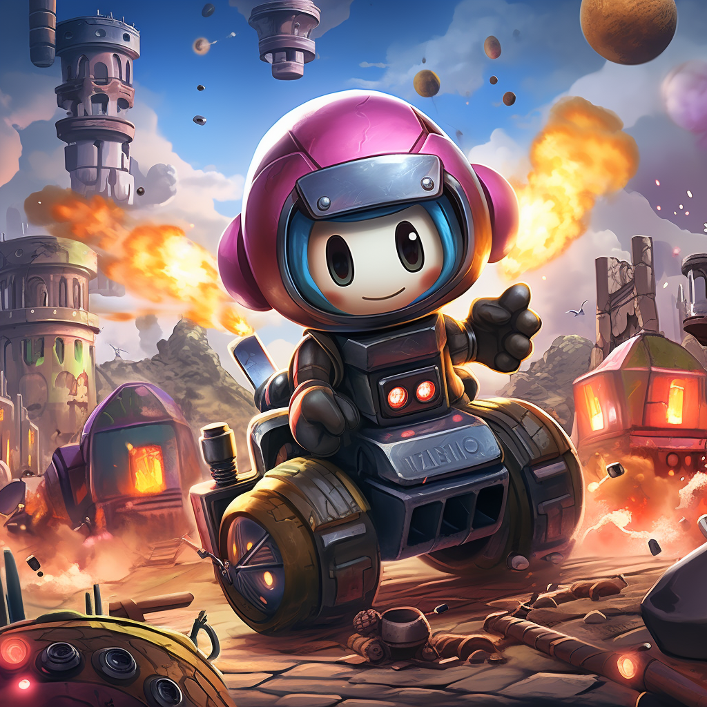 Bomberman piloting a large tank in action