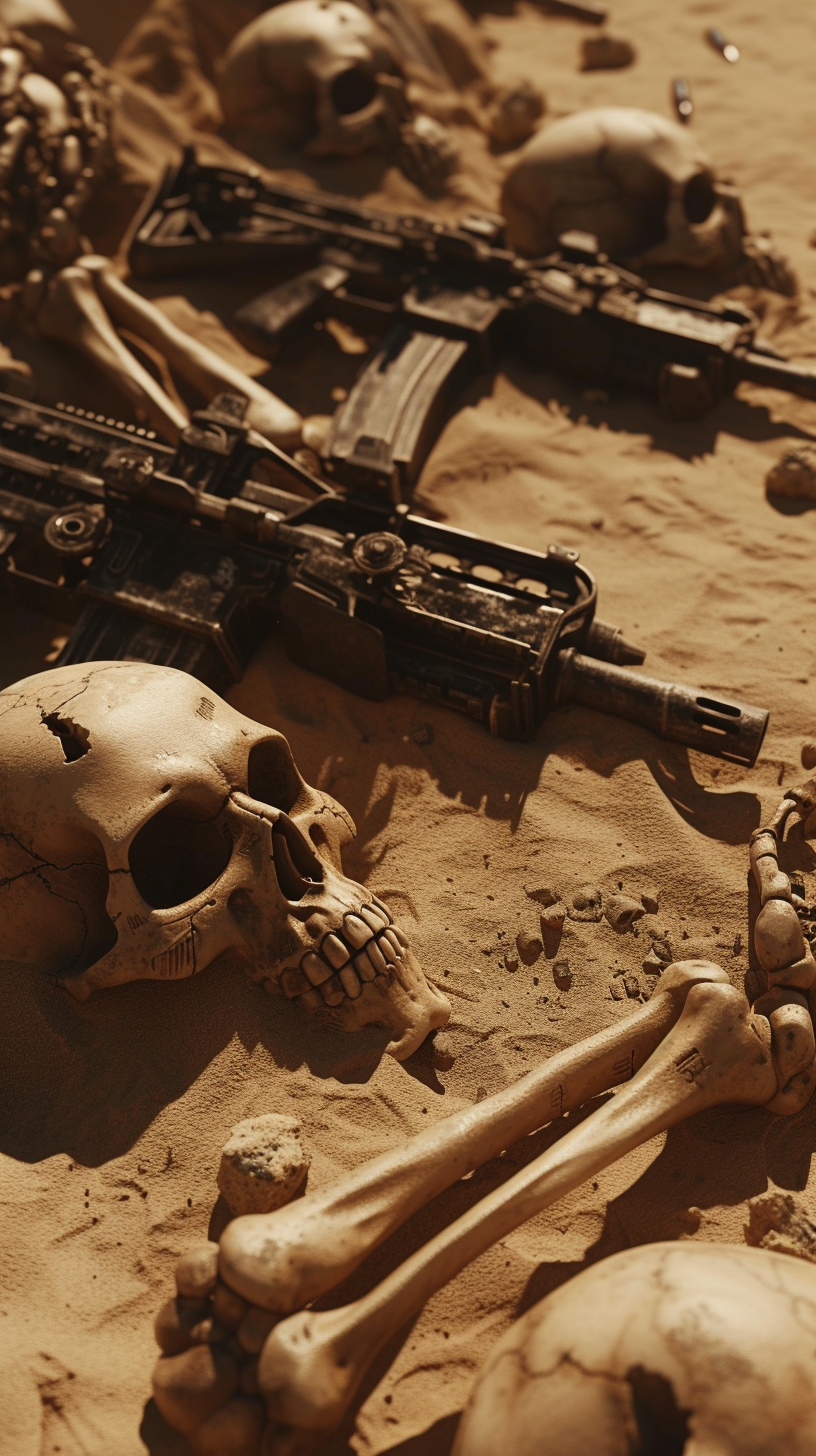 Bones, Guns, Robot Arms in Desert Sand