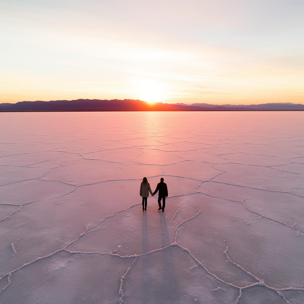 Couple at Bonneville Salt Flats during Sunrise with Water  ?