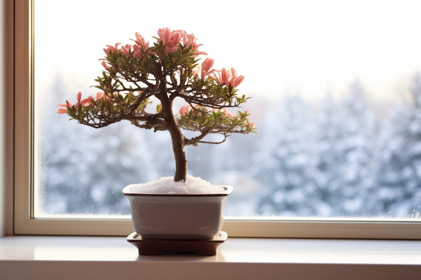 Bonsai Azalea Tree Snowy Window