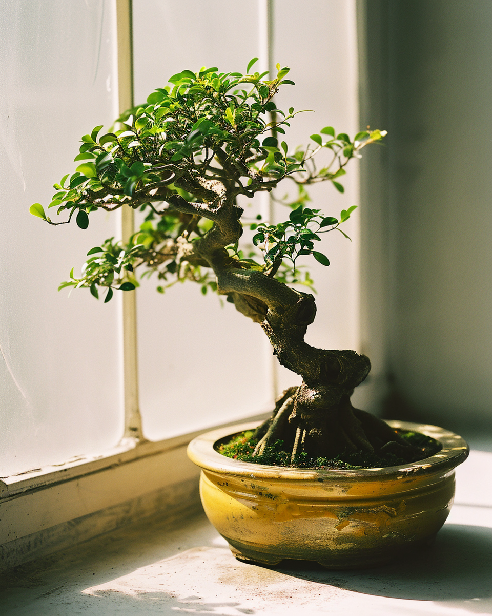 Beautiful bonsai tree in bright yellow pot