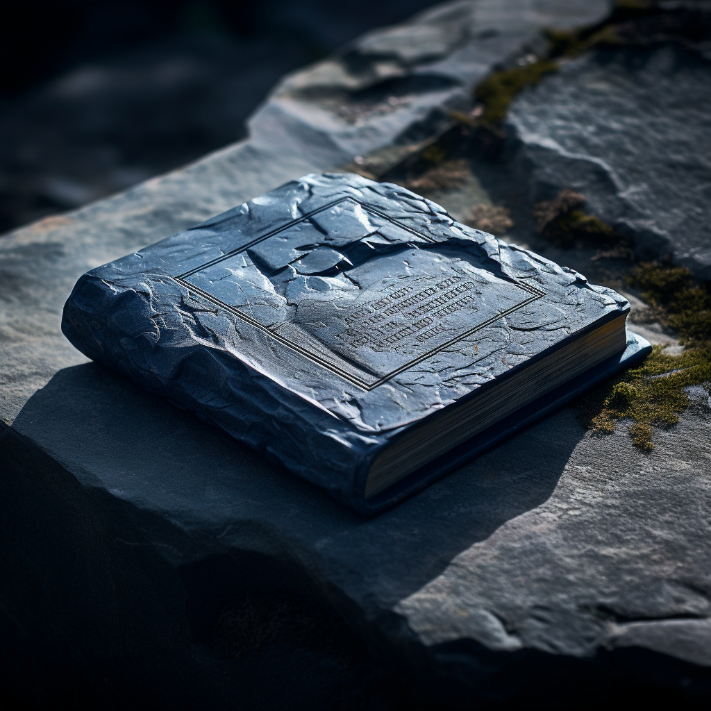 Stone Carved Book on Blue Gray Background