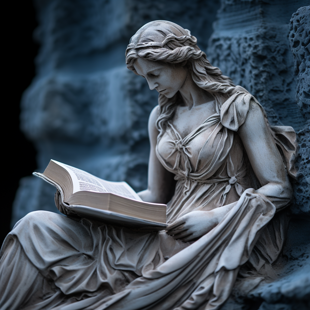 Woman carving book on stone as Greek goddess