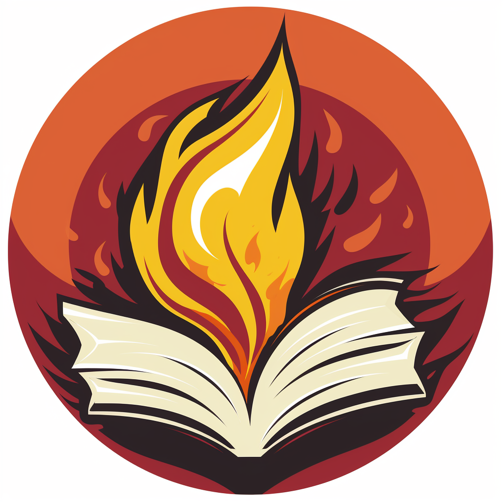 Logo design with book, person, and fire