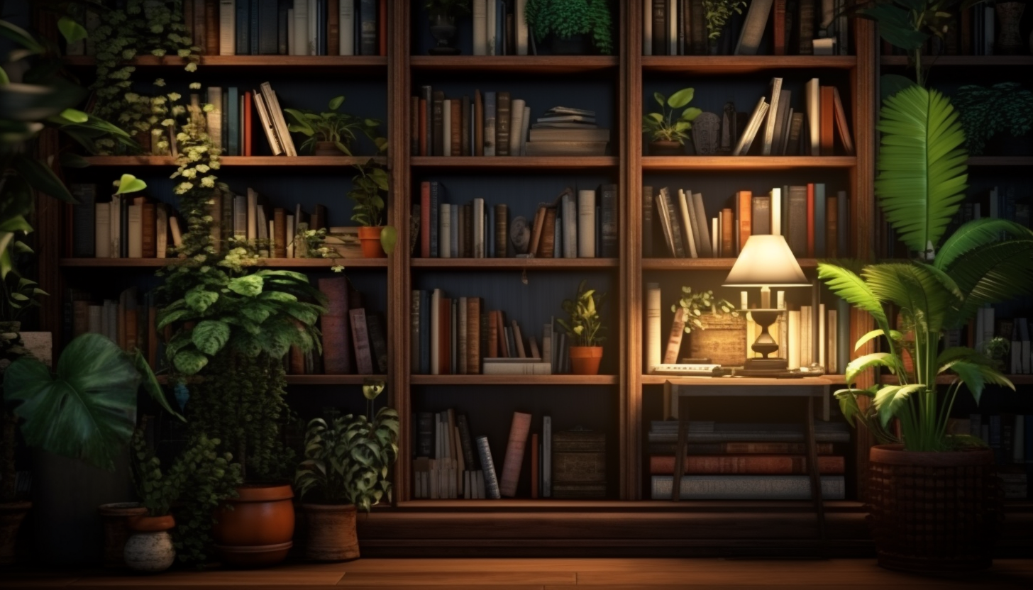 Ultrarealistic Bookcase Room with Plants, Flowers, and Objects