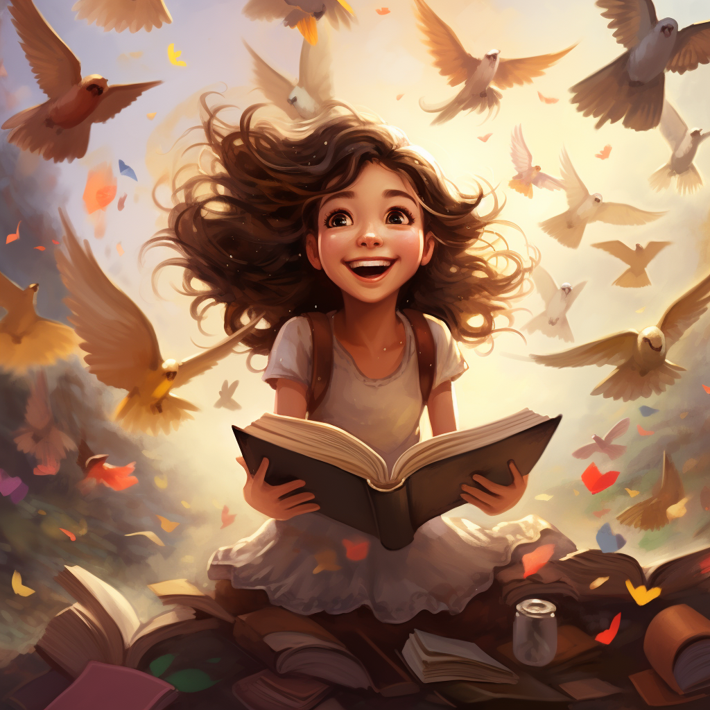 Girl surrounded by books, butterflies, and birds