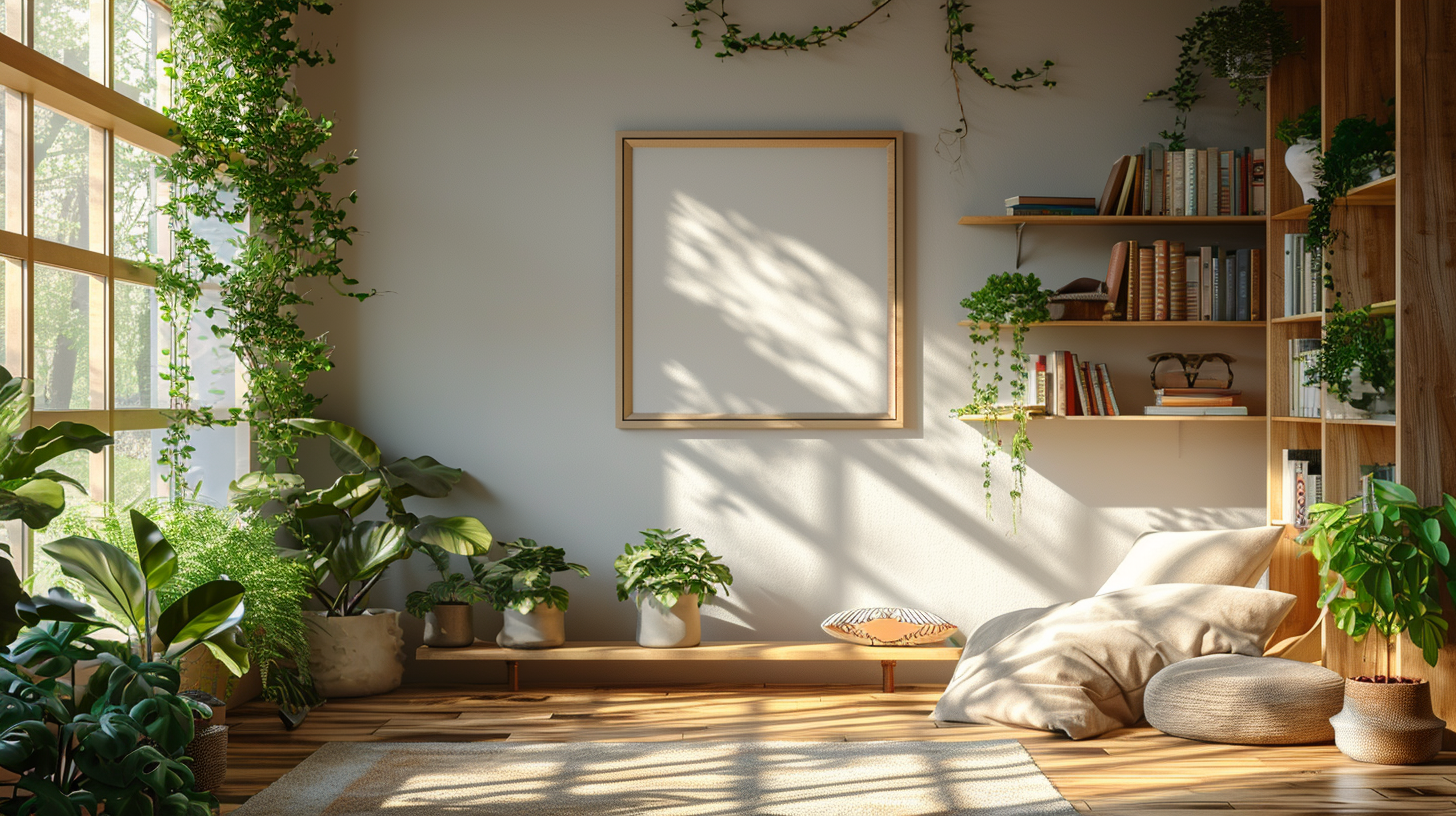 Bookshelves, wall art, window, plants