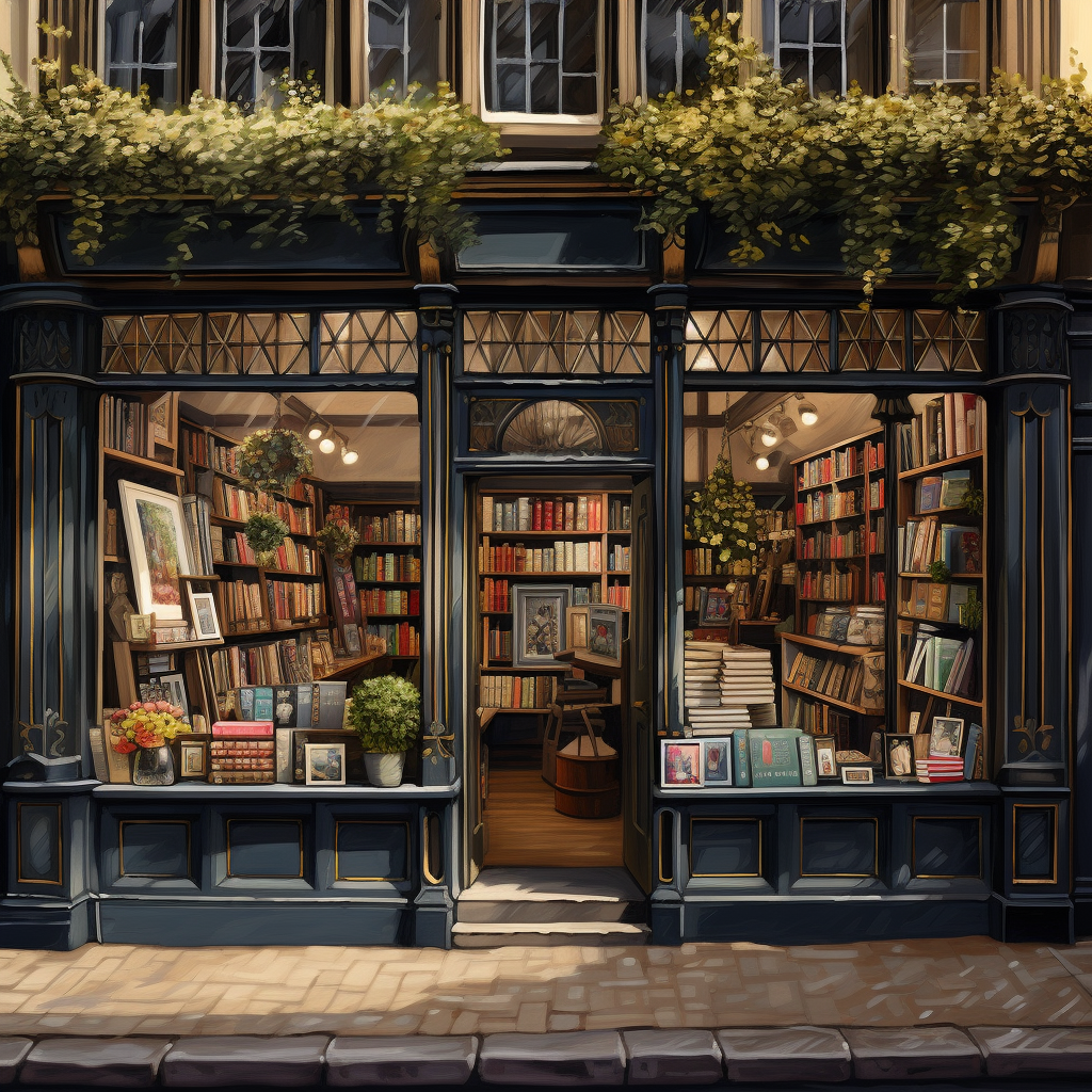 Charming bookshop storefront in English style