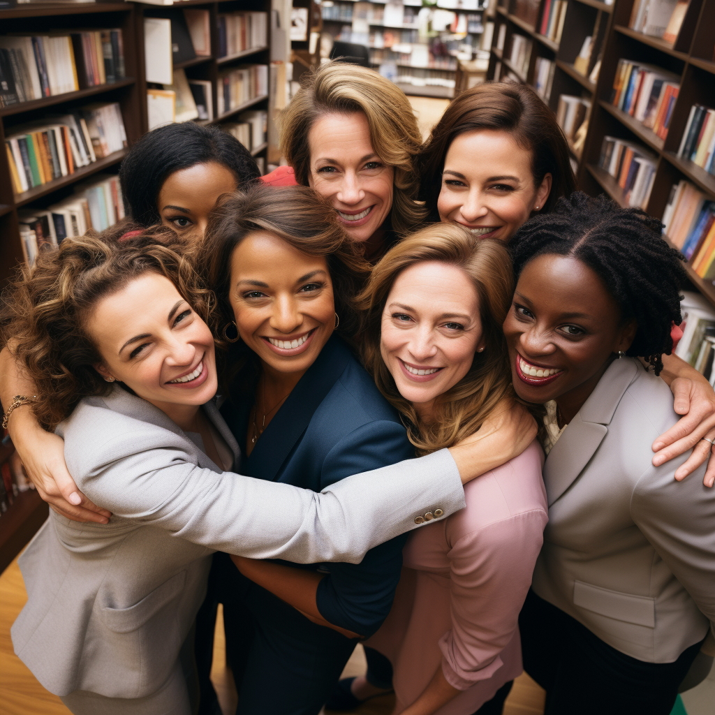 Friends having heartfelt group hug in bookstore