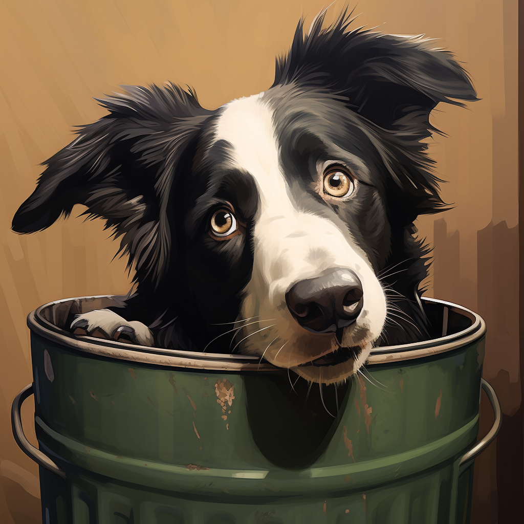 Curious border collie exploring a garbage can