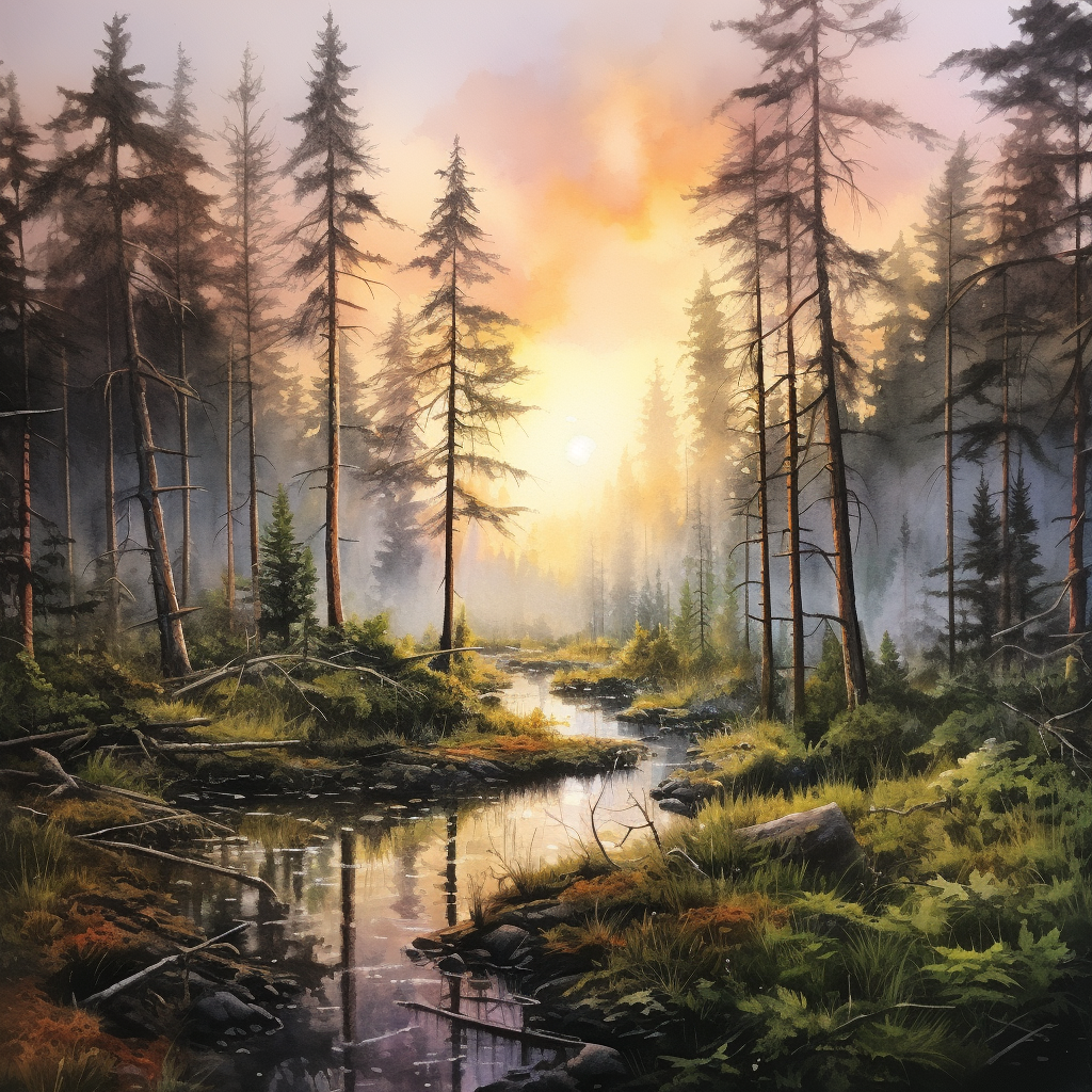 Watercolor Painting of Boreal Forest Morning