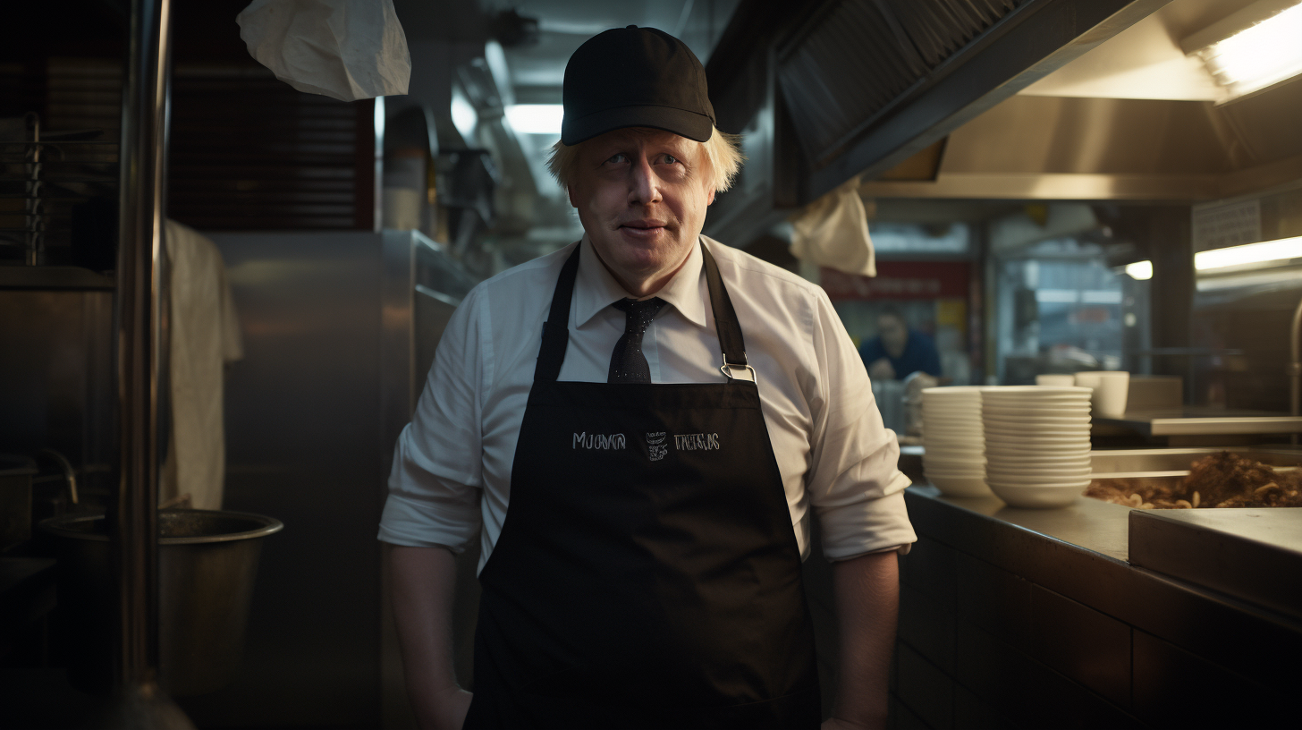 Boris Johnson wearing apron and hat serving burger