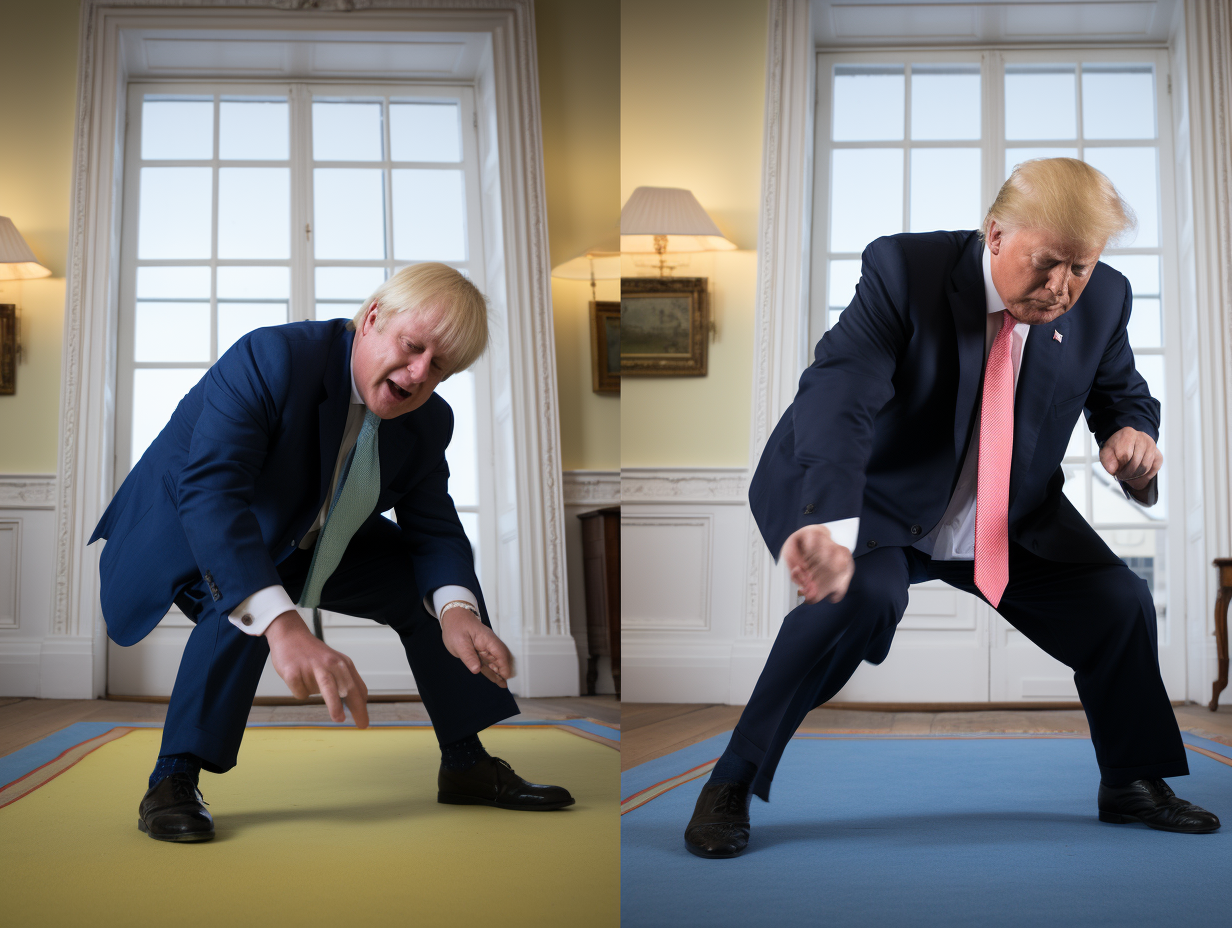 Boris Johnson, Donald Trump, and James Cameron playing twister