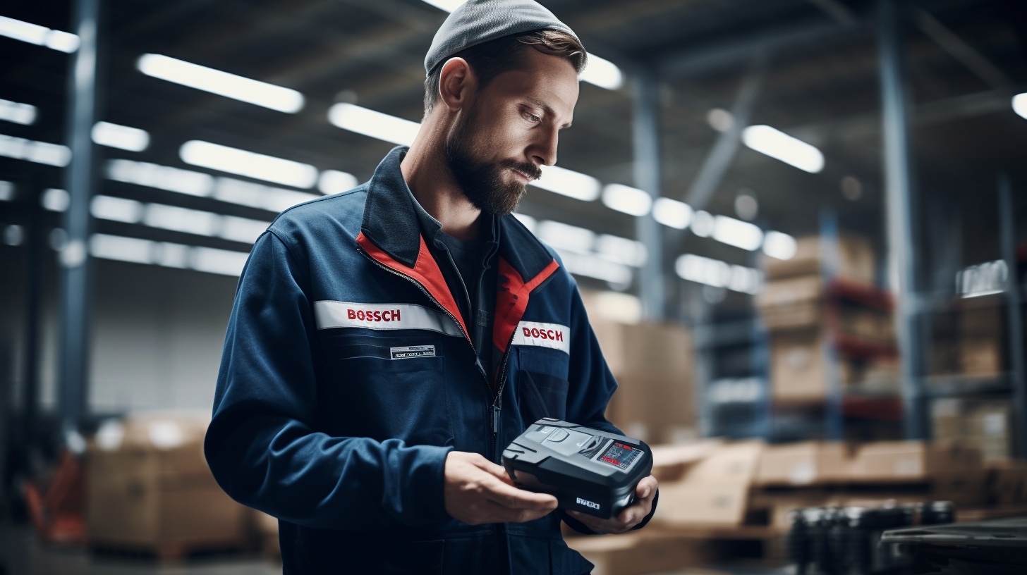 Bosch worker handing battery to colleague