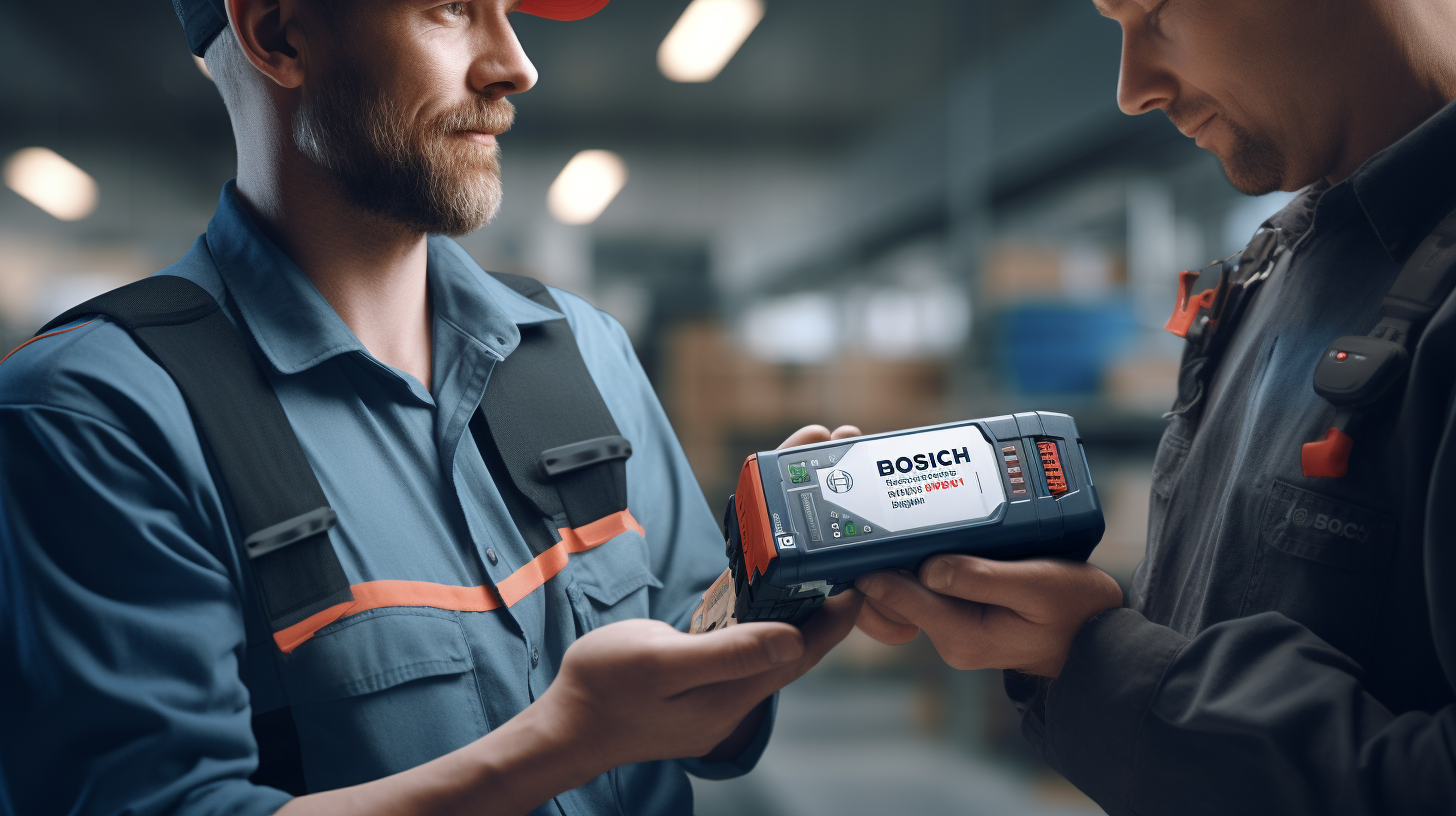 Bosch worker handing battery to another (6 words)