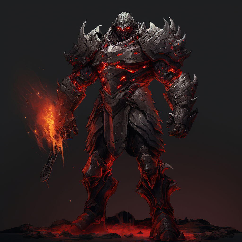 Boss character in battle-worn armor with fiery red eyes