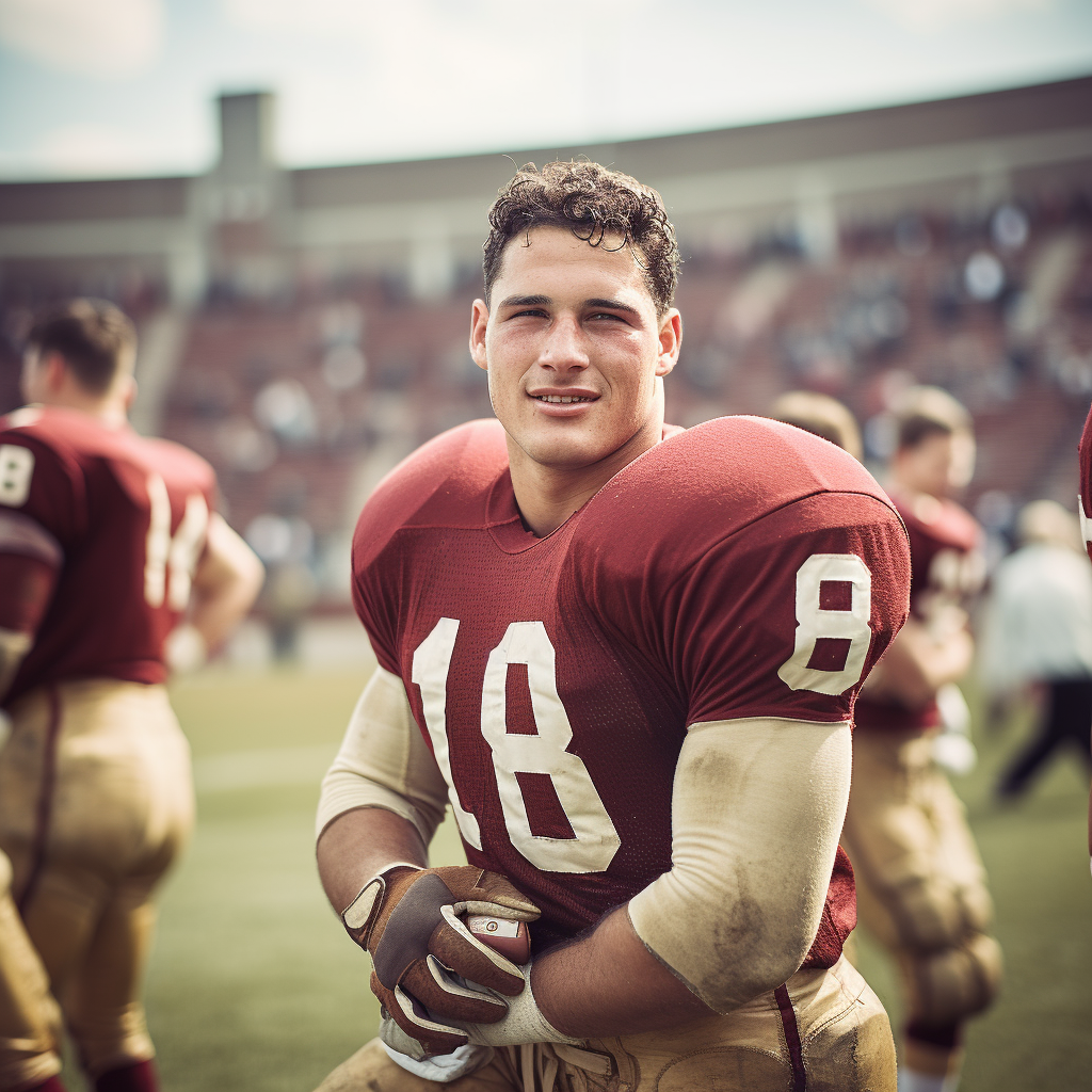 Vintage Boston College Football Player on Field 1948