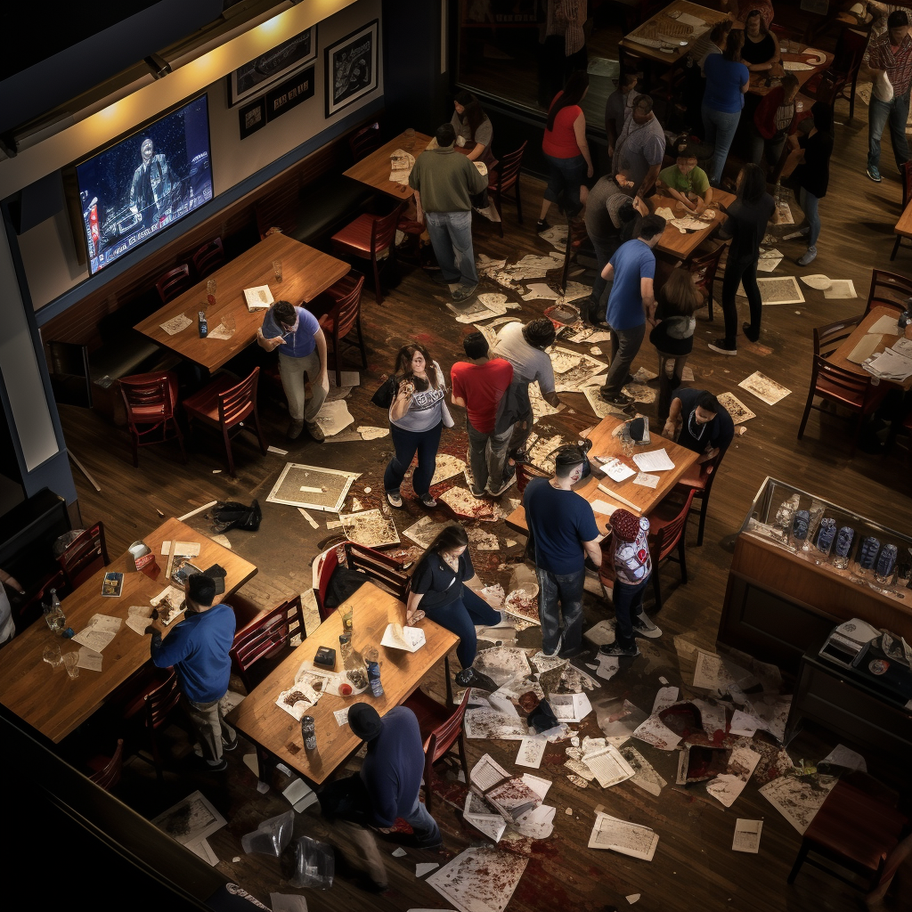 Concerned crowd surrounds collapsed person in Boston pizza restaurant