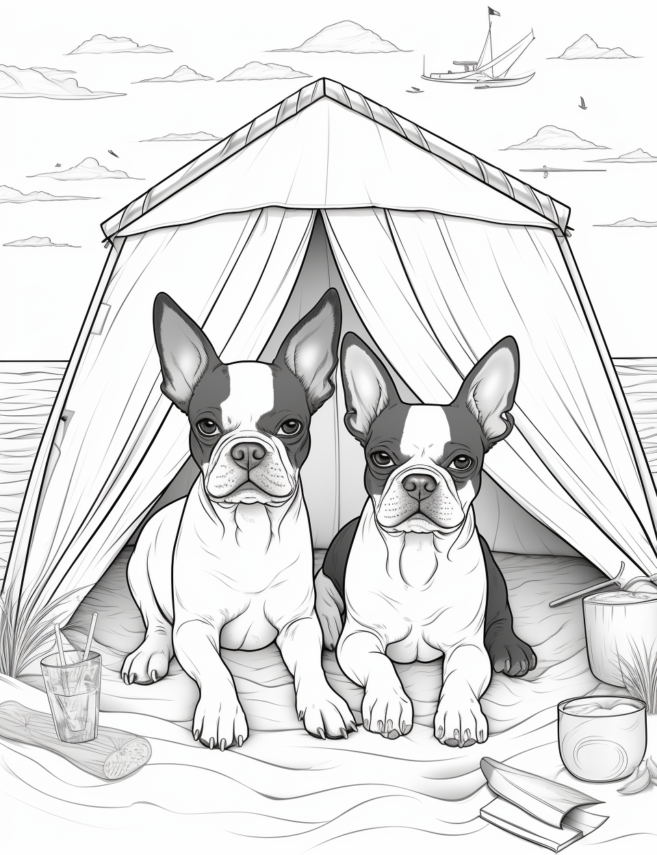 Two adorable Boston Terriers relaxing at the beach tent