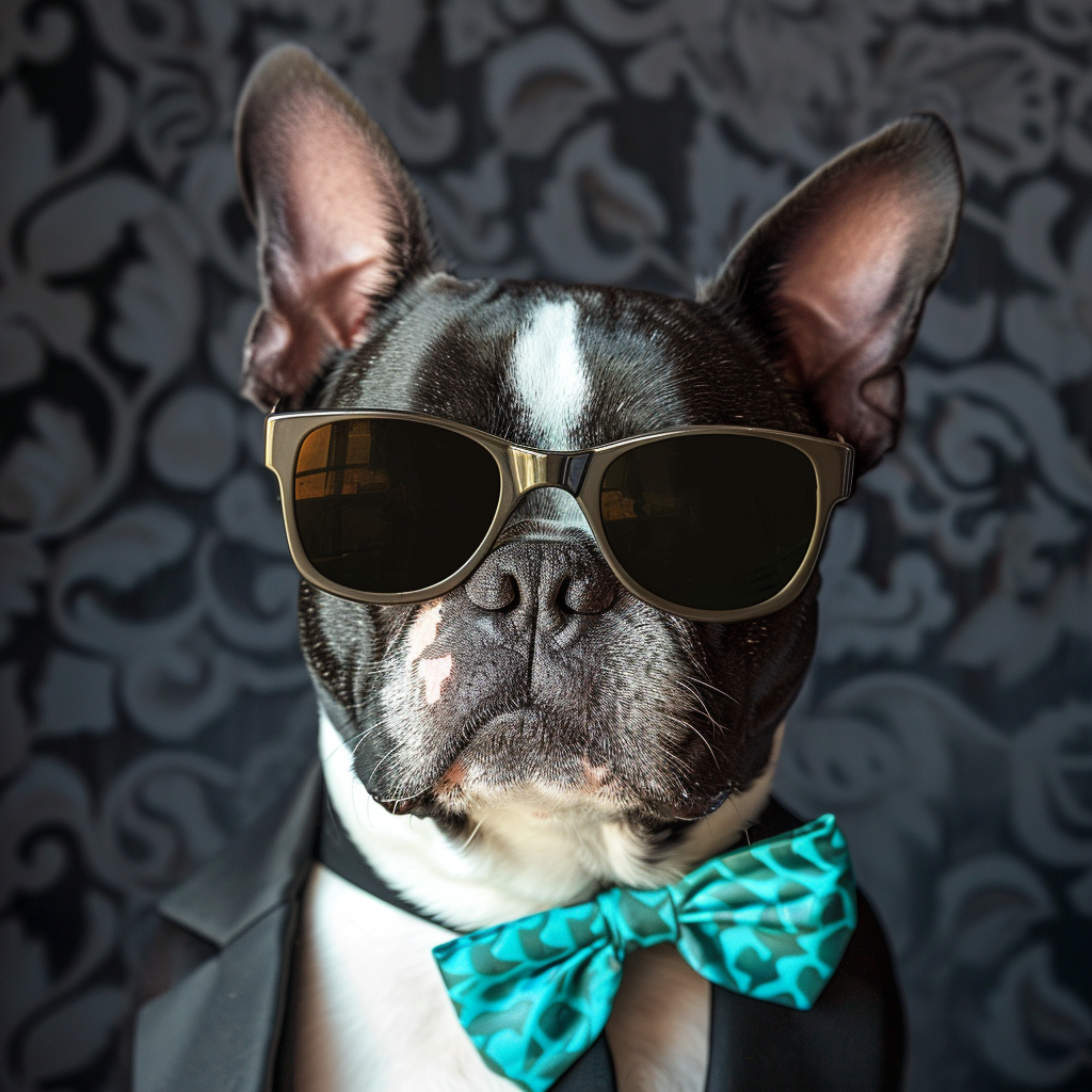 Boston Terrier Dog with Spy Sunglasses and Turquoise Tie