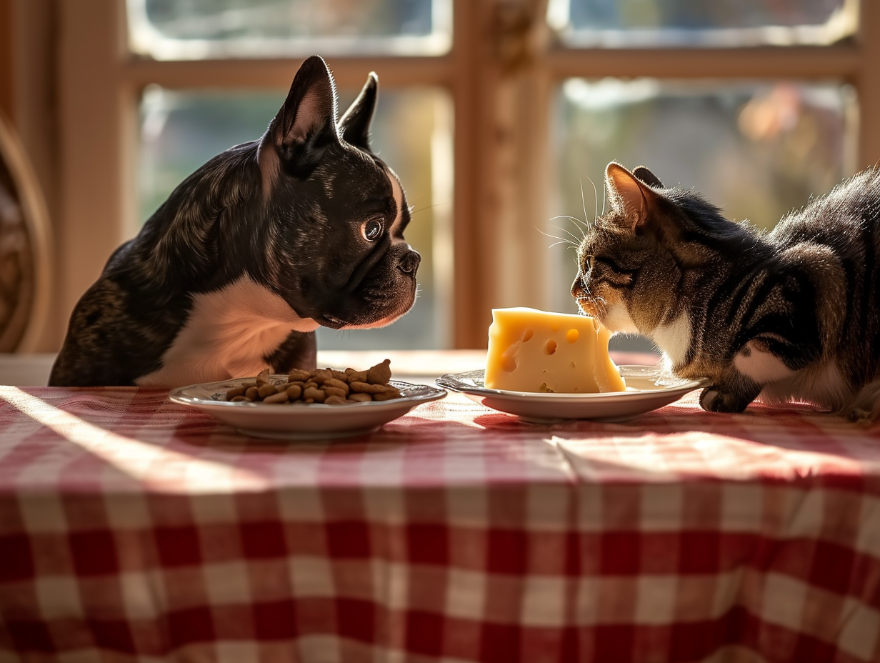 Boston Terrier and Mouse Eating Together