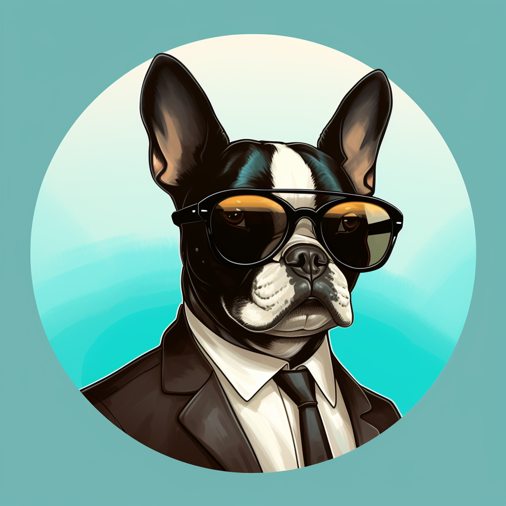 Boston Terrier with Spy Sunglasses and Turquoise Tie