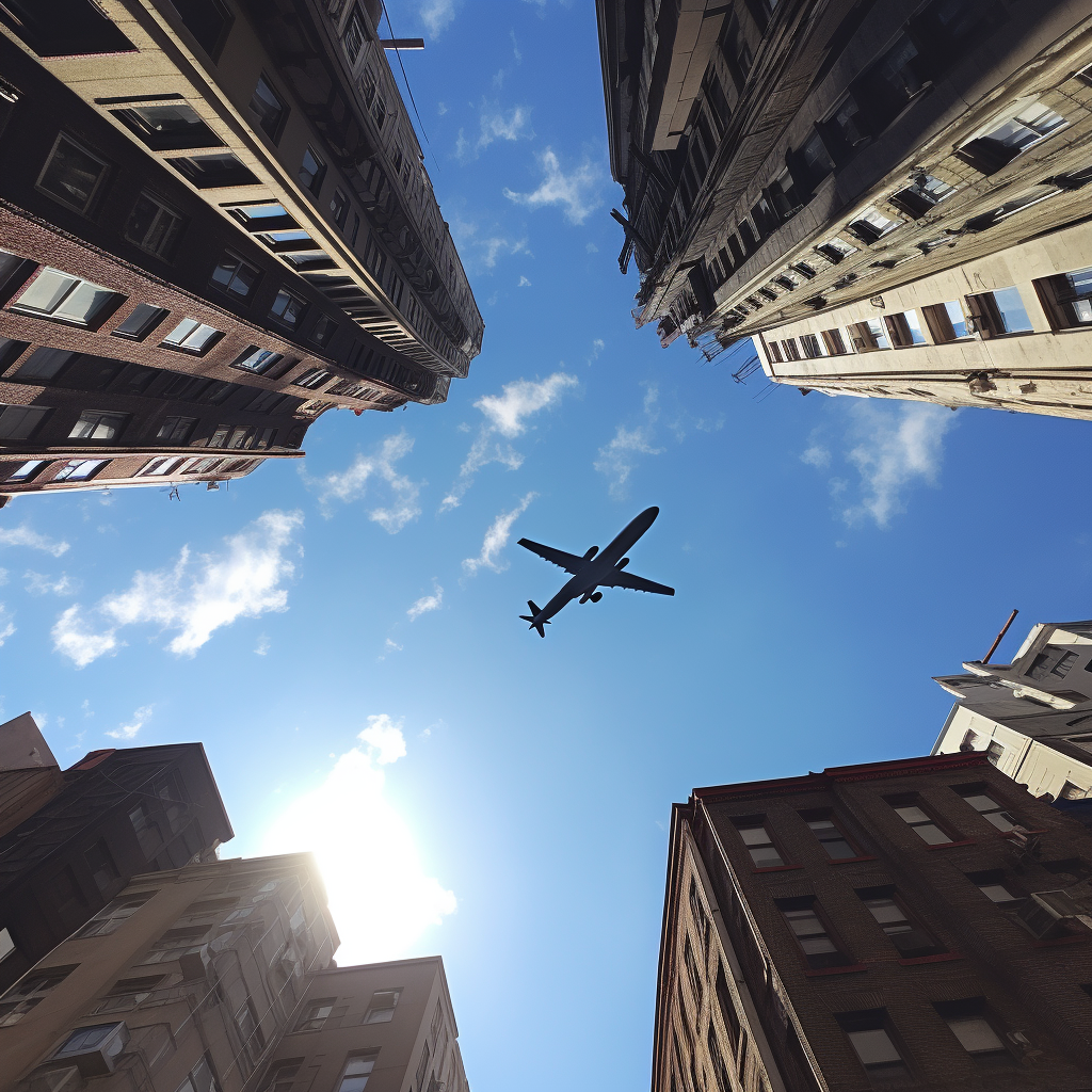 Plane flying over Boston skyscrapers