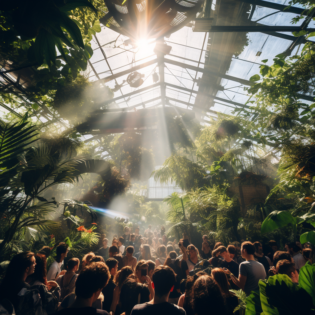 People enjoying hard techno party at Rotterdam's botanic garden