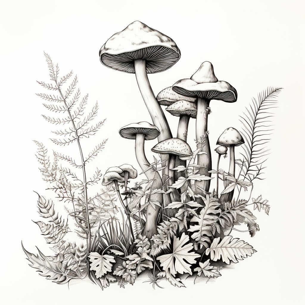 Botanical line drawing of fern and mushrooms