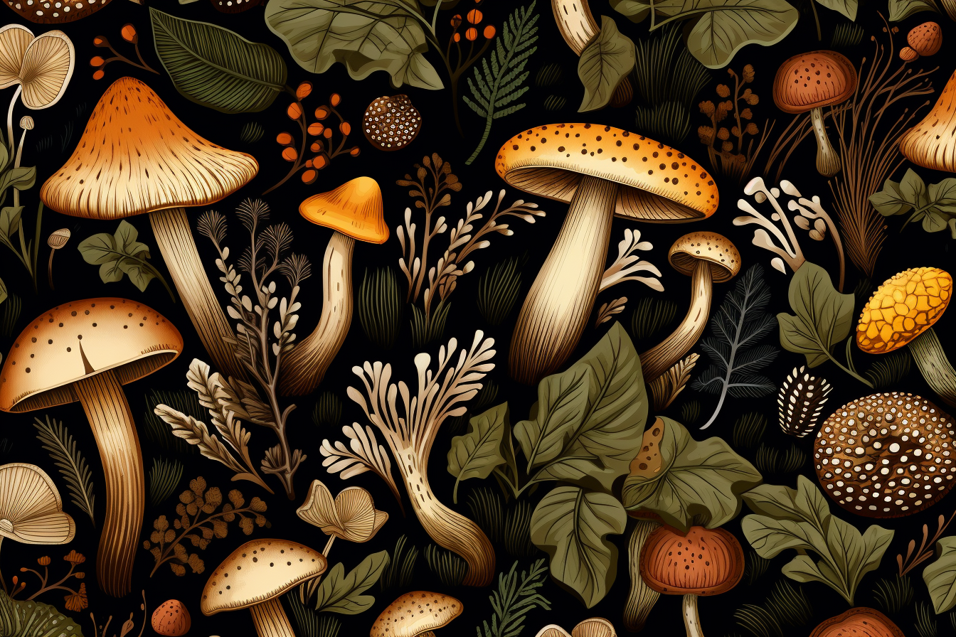 Botanical mushrooms and berries pattern in olive and brown