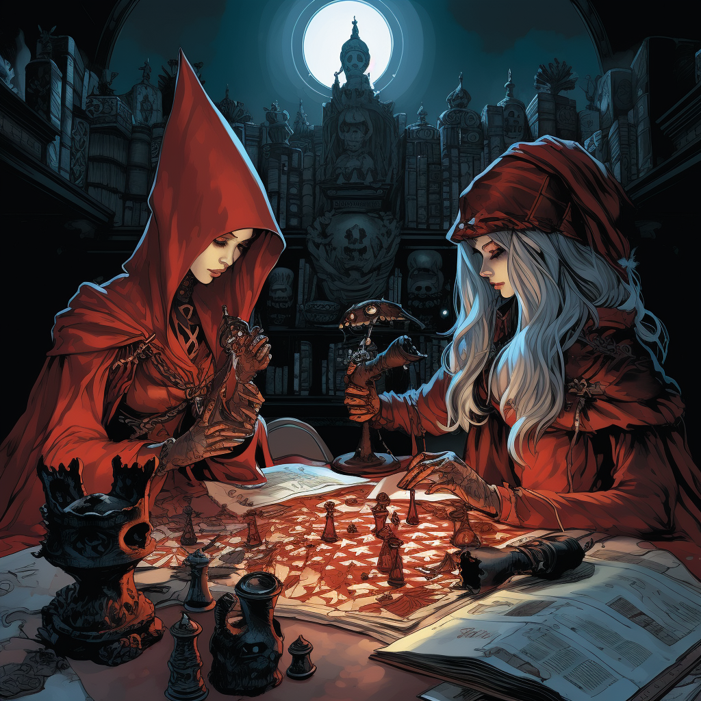 Two chess-playing sisters in a wizards' study